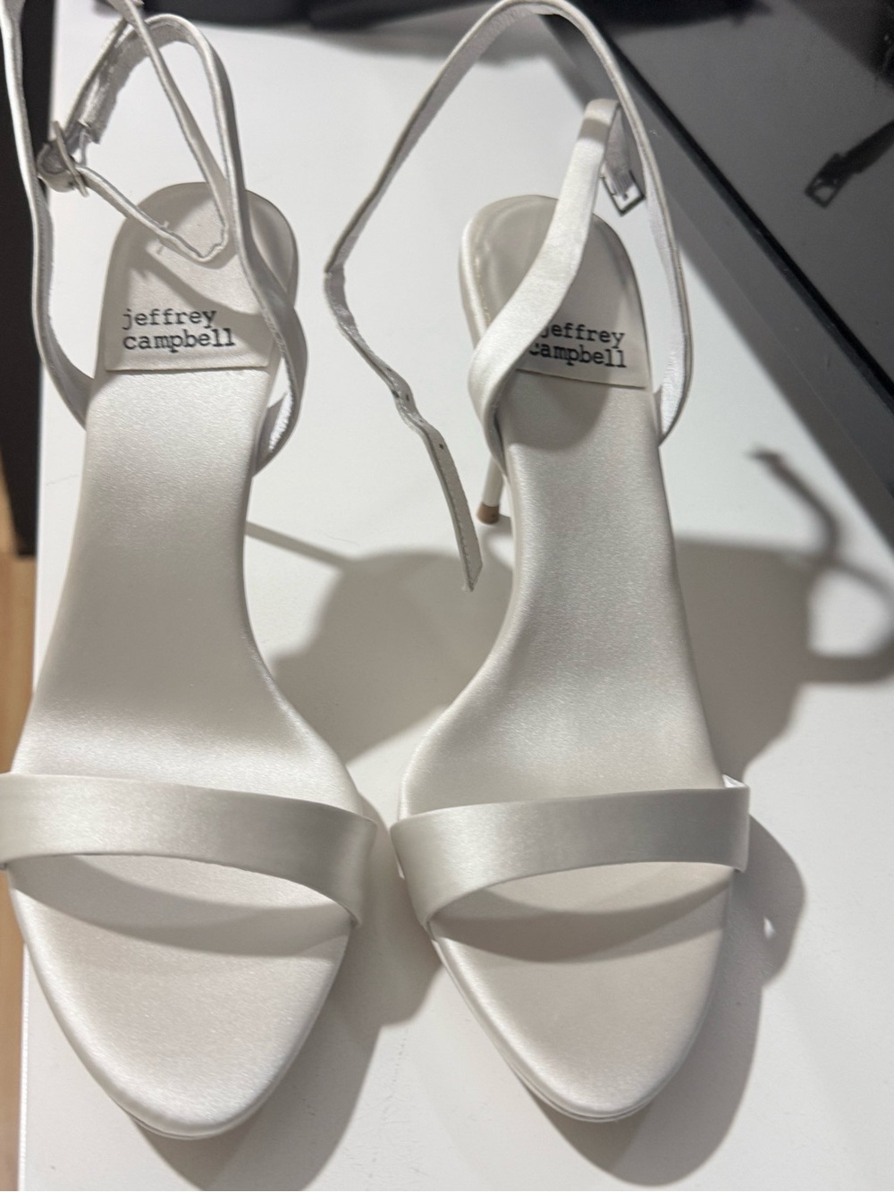 Jeffrey Campbell White Satin Strappy Open-Toe Heels-Jeffrey Campbell Blossmz
